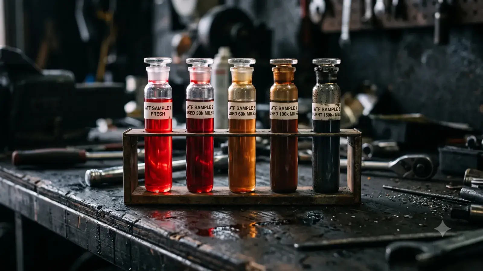 Five vials of automatic transmission fluid from bright red (healthy) to black (burnt)